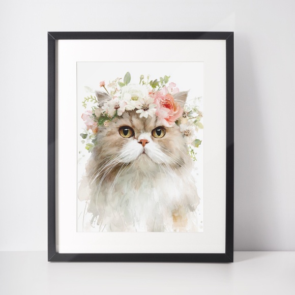 Watercolor Ragdoll Cat with Flower Crown Wall Art Print Unframed - Picture 3 of 7